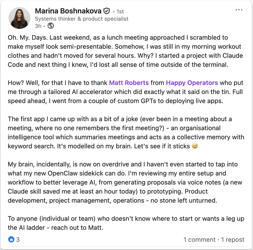 Marina Boshnakova's LinkedIn review of AI Accelerator